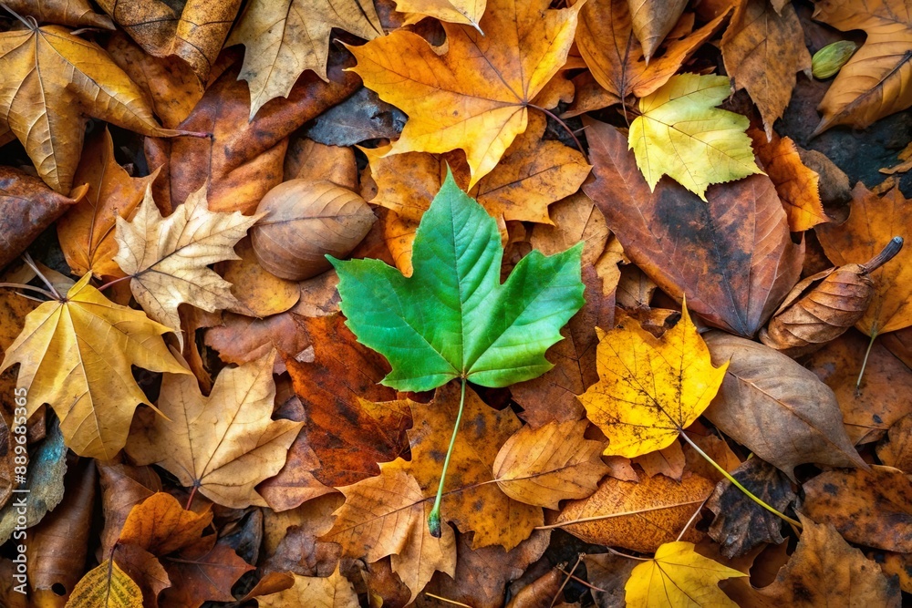 green leaf on autumn leaves pile. Difference and unique concept green leaf on autumn leaves pile. Difference and unique concept