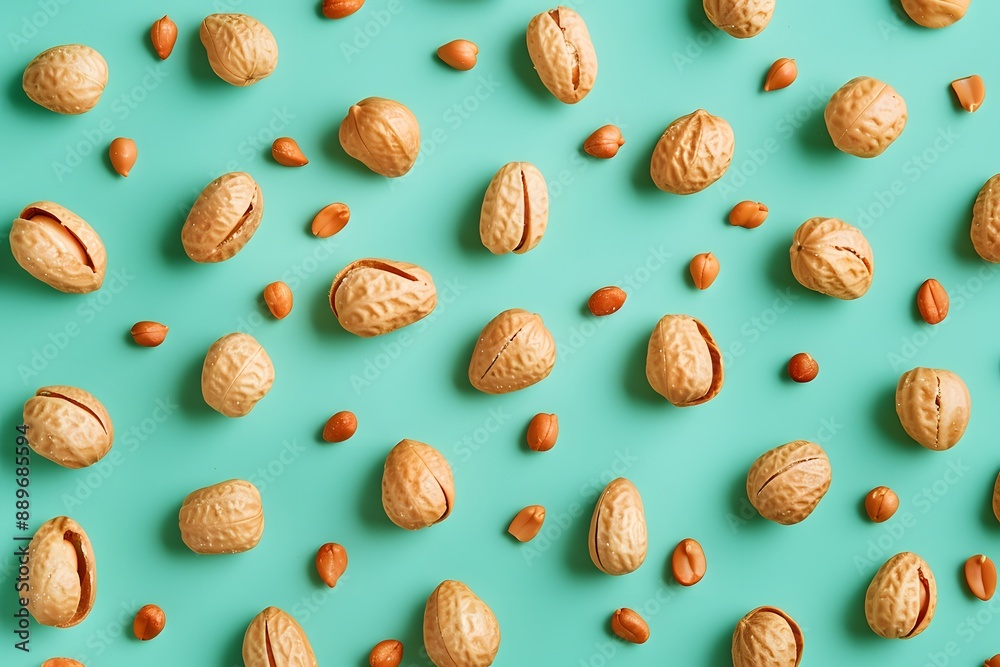 Pattern of Walnuts and Almonds on a Turquoise Background Pattern of Walnuts and Almonds on a Turquoise Background
