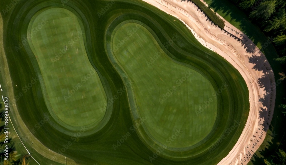 Obraz premium Aerial View of Bunkers and Sand Traps in Golf Course with Putting Green Grass