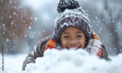 Little african american boy sliding on snow in winter. Kid playing outdoors, Generative AI