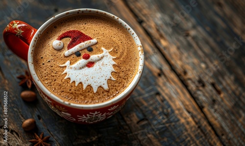 Cappuccino with a santa claus on a wooden background. Cup of latte coffee with Santa Claus shape art on foam, top view. Christmas and New Year, Generative AI