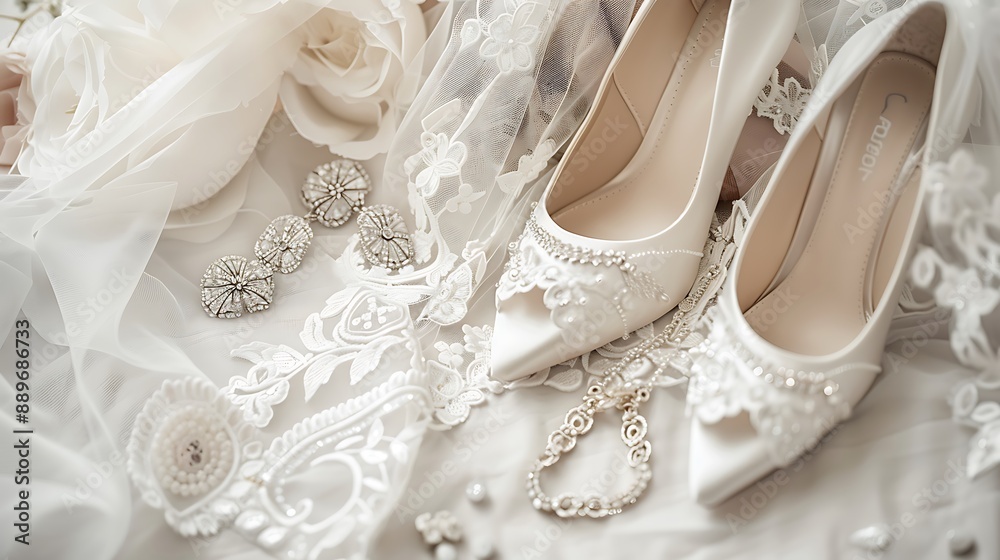 Elegant bridal accessories such as veils, shoes, and jewelry on a stunning white background. 32k, full ultra HD, high resolution Elegant bridal accessories such as veils, shoes, and jewelry on a stunning white background. 32k, full ultra HD, high resolution
