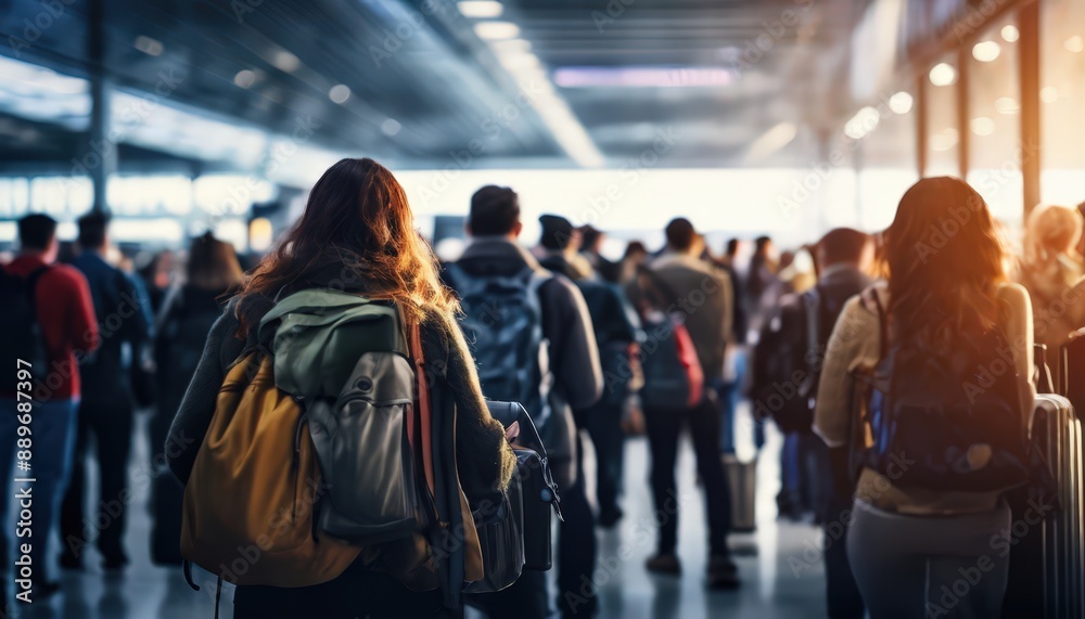 Fototapeta premium A group of high schoolers carrying backpacks on their backs as they walk down a hallway.