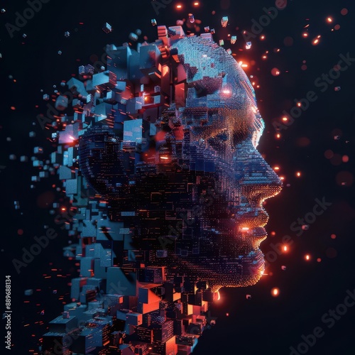 futuristic 3d rendering of a human head composed of glowing digital blocks neon energy pulses through the fragmented form symbolizing artificial intelligence and cognitive technology