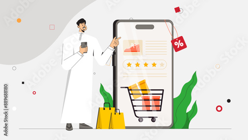 Vector illustration of a man shopping online with a smartphone, highlighting e-commerce, mobile shopping, and discounts. Ideal for retail and digital marketing presentations.


