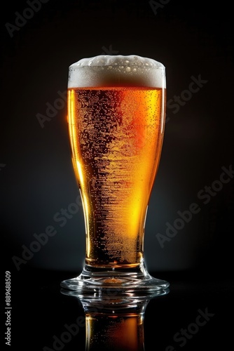 Glass of Lager Beer with Frothy Foam on Black Background