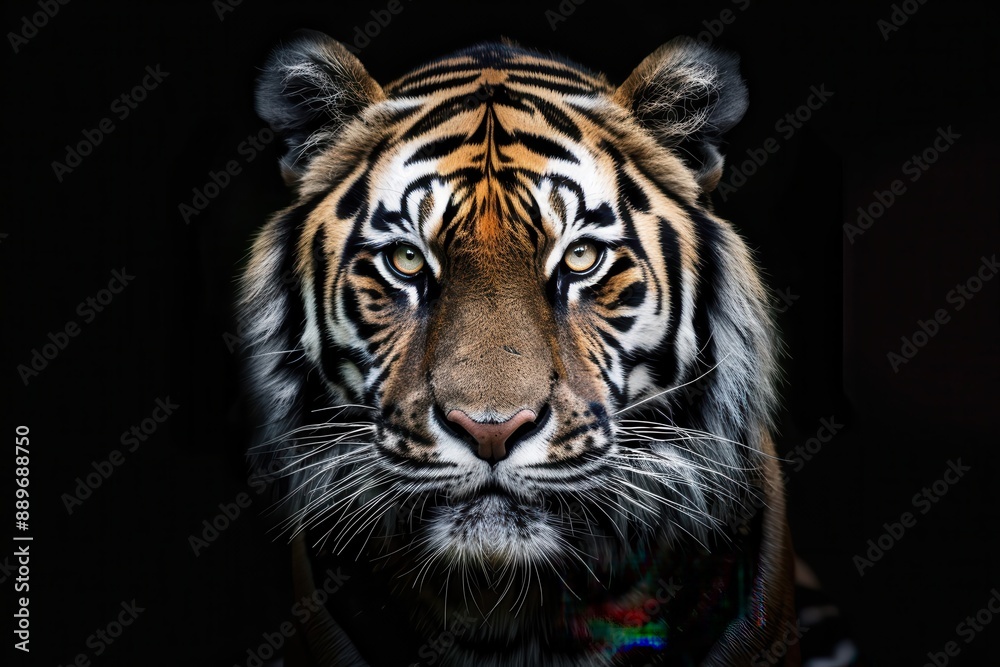 Fototapeta premium Extreme close-up of a tiger's expression against a dark backdrop