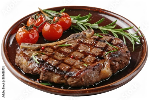 Delicious grilled beef steak on platter: sizzling meat dish for a satisfying meal photo