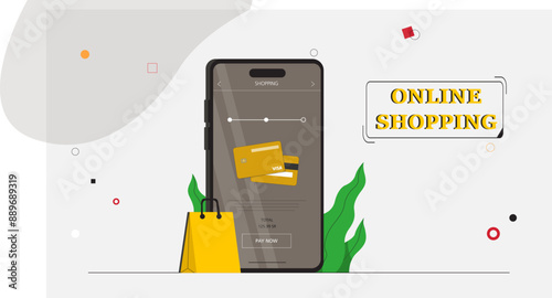 Vector illustration of online shopping with a smartphone, showcasing digital transactions, mobile payments, and e-commerce. Ideal for retail and digital finance presentations.

