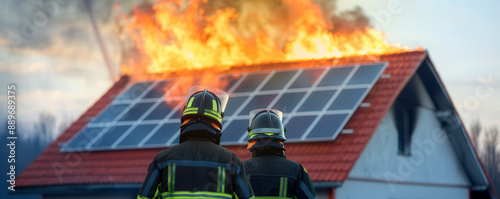 Firefighters responding to a solar panel house fire, showcasing the urgency and danger of fire services in residential buildings.