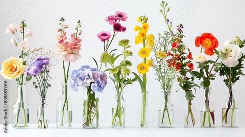 Beautifully arranged fresh flowers in elegant vases on a clean white background. 32k, full ultra HD, high resolution