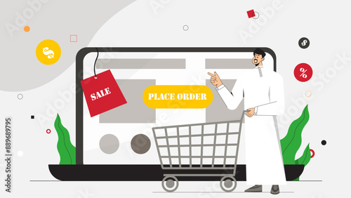 Vector illustration of a man with a shopping cart in front of a laptop, highlighting online shopping, sales, and e-commerce. Perfect for digital retail and marketing presentations.

