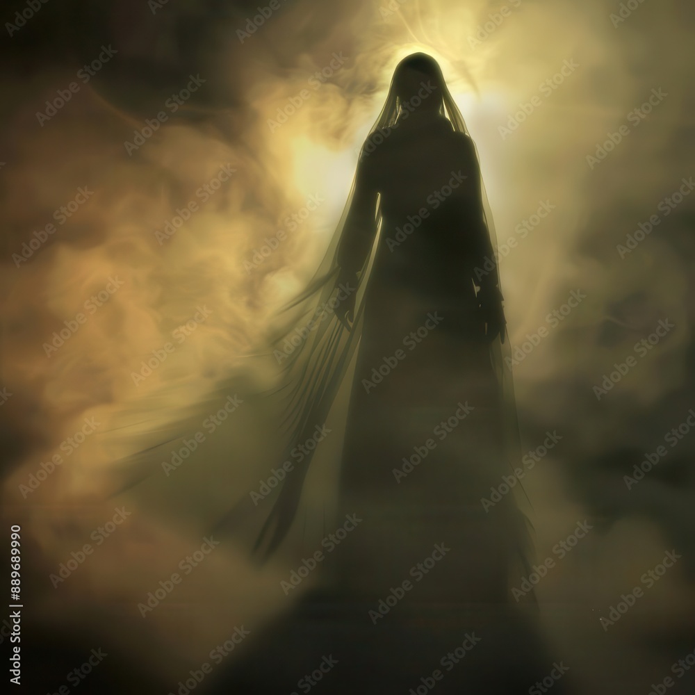 haunting spectral apparition translucent female figure with flowing ethereal glow misty atmosphere subtle shadows eerie yet captivating presence haunting spectral apparition translucent female figure with flowing ethereal glow misty atmosphere subtle shadows eerie yet captivating presence