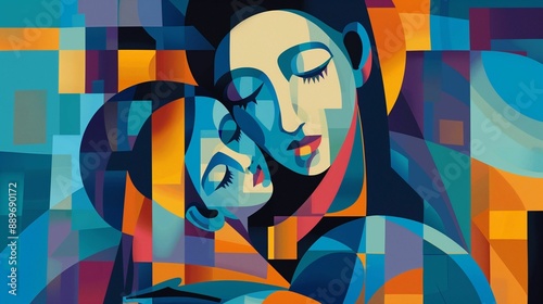 Abstract painting of a mother and child with vibrant geometric shapes and colors © Wirestock