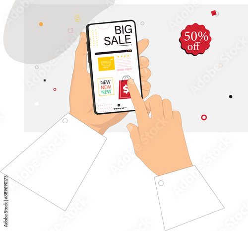 Vector illustration of a hand holding a smartphone displaying a "Big Sale" screen with a 50% off tag, highlighting online shopping, discounts, and e-commerce. Perfect for digital retail and marketing 