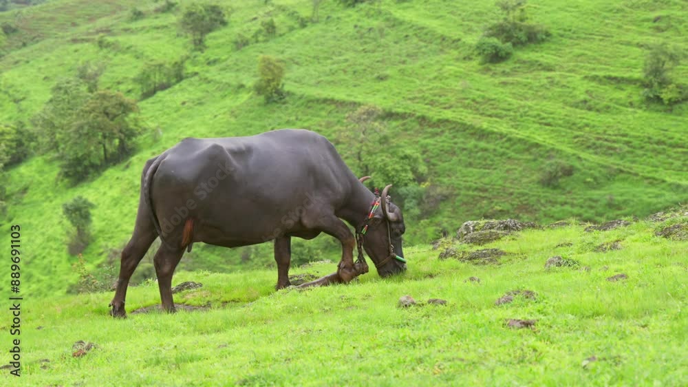 Domestic buffalo in the grass grazing at hills of western ghats during monsoon rainy season. Domestic buffalo in the grass grazing at hills of western ghats during monsoon rainy season.