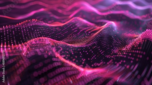 A digital abstract pattern of pink light waves against a dark background.