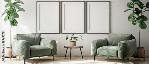 Recharge your senses with a trio of plush sage green sofa chrs, pred with a charming little plant, and a blank empty white frame adding elegance to a simple, unembellished wall.
