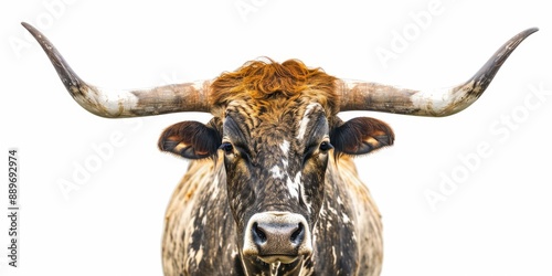 A close-up shot of a cow with distinctive long horns, perfect for farm or agricultural-themed projects photo