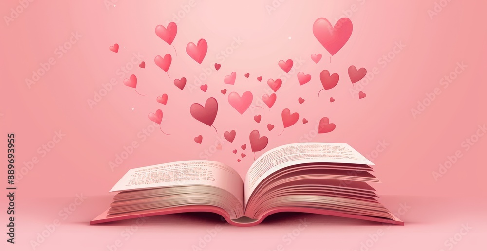 Valentine's day background vector illustration with open book and heart shape cartoon character on pink color, love story, book of the world of hearts, love letters, book pages background Valentine's day background vector illustration with open book and heart shape cartoon character on pink color, love story, book of the world of hearts, love letters, book pages background