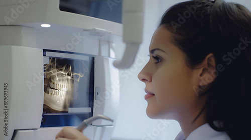 Dentist using a dental CBCT scan for accurate diagnosis of dental caries photo