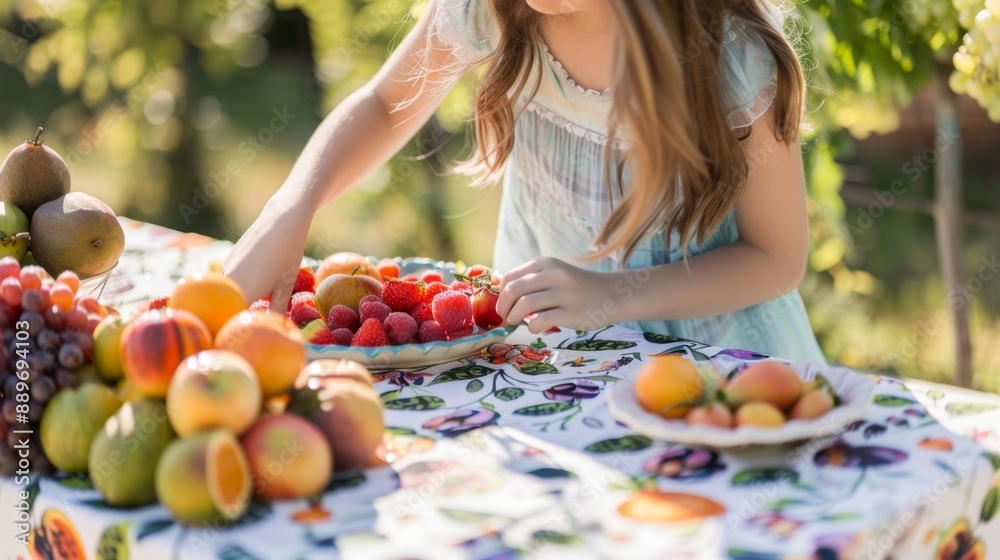 A young girl in a light blue dress reaches for fresh fruit on a vibrant outdoor table. A young girl in a light blue dress reaches for fresh fruit on a vibrant outdoor table.