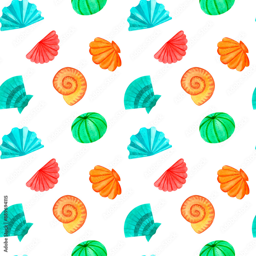 Doodle seashells and stones. Marine underwater sea animal seamless pattern, watercolor art in ocean kids style, for decor children, package, scrapbook, school, nursery, invitation, print, postcard Doodle seashells and stones. Marine underwater sea animal seamless pattern, watercolor art in ocean kids style, for decor children, package, scrapbook, school, nursery, invitation, print, postcard