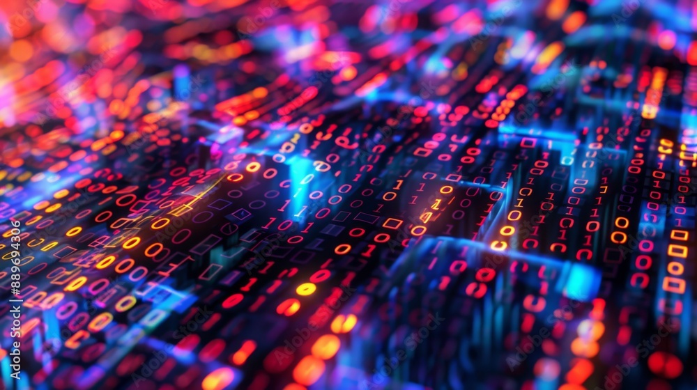 A close-up of a digital background with binary code illuminated by vibrant blue, red, and yellow lights. The code appears to be flowing and shifting in an abstract pattern. A close-up of a digital background with binary code illuminated by vibrant blue, red, and yellow lights. The code appears to be flowing and shifting in an abstract pattern.