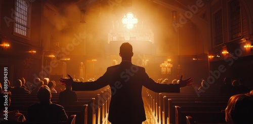 A Man Addresses a Crowd in a Dimly Lit Auditorium