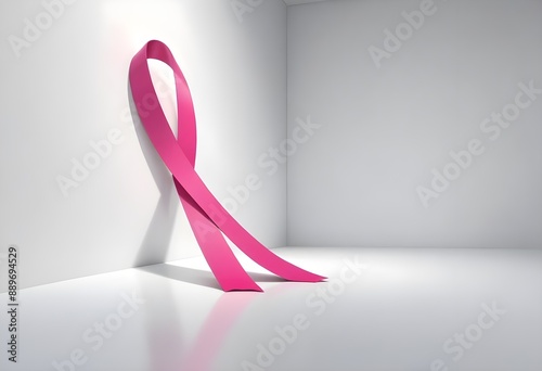 breast cancer awareness day , Bright pink ribbon for breast cancer awareness gracefully positioned on a stark white studio floor background