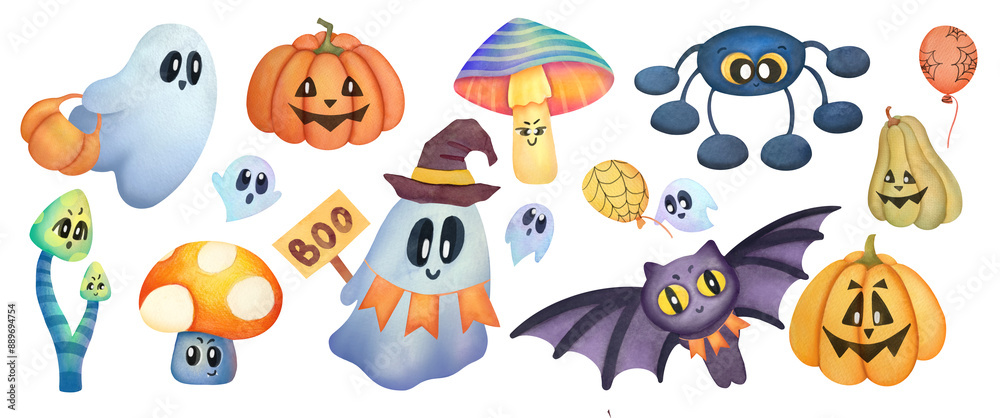 watercolor cute ghosts, pumpkins, mushroom, spider and bat illustrations set. funny halloween emoticons characters collection. clip art and cut our elements isolated on transparent background watercolor cute ghosts, pumpkins, mushroom, spider and bat illustrations set. funny halloween emoticons characters collection. clip art and cut our elements isolated on transparent background