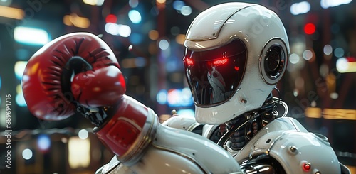 White Robot With Red Boxing Glove Punching