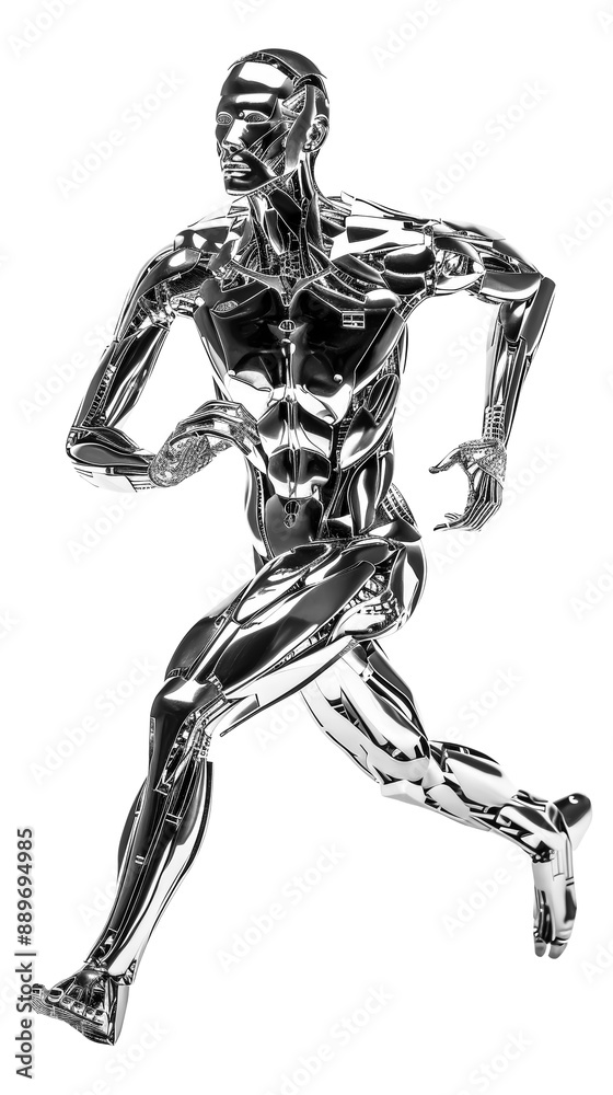 Steel silver figure of running muscular man isolated on transparent background, PNG, cutout Steel silver figure of running muscular man isolated on transparent background, PNG, cutout