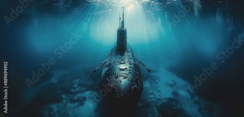 Submerged Submarine In Clear Ocean Water With Sunlight Rays