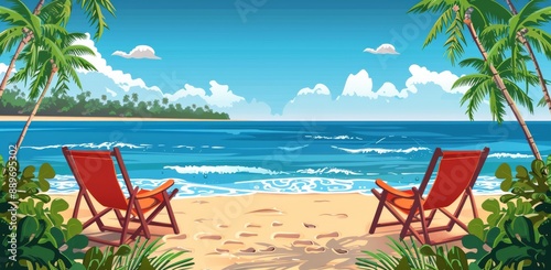 Two Beach Chairs Under Palm Trees on a Sunny Day
