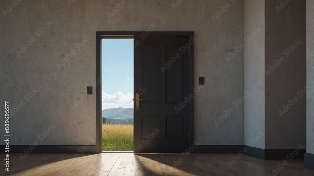 Open Door in an Empty Room Revealing a Beautiful Outdoor Landscape with Fields and Mountains Open Door in an Empty Room Revealing a Beautiful Outdoor Landscape with Fields and Mountains