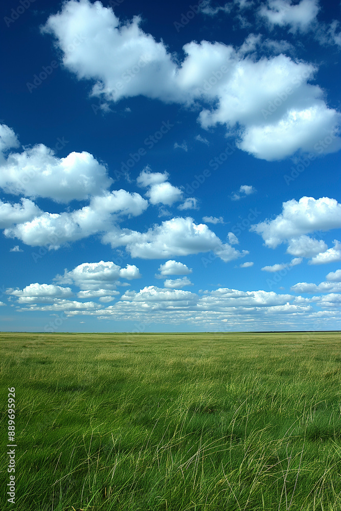 Fototapeta premium Nature landscape with grass and blue sky with clouds