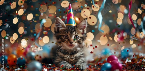 A Tabby Kitten Wearing a Party Hat Amidst Confetti