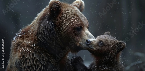 Mother Brown Bear and Cub Looking at the Camera in Forest