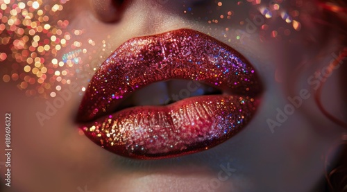 Close Up of Red Lips With Glitter in Front of Bokeh