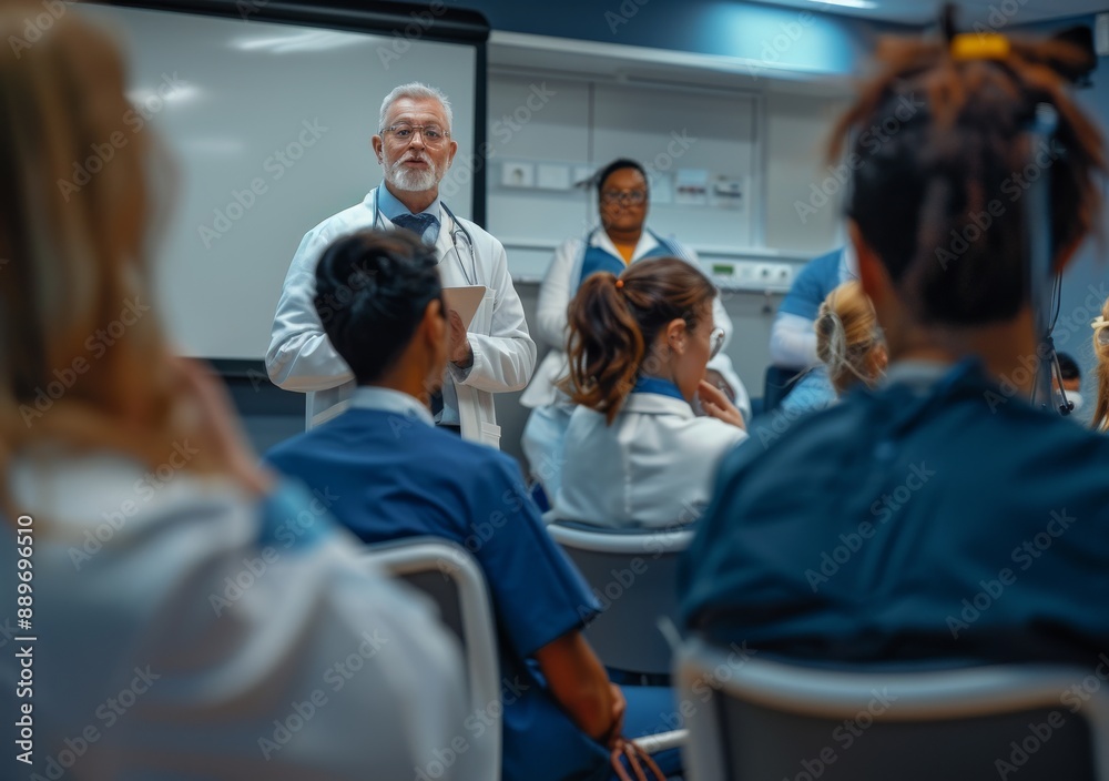 Multi-racial group of doctors and nurses in a medical training session Multi-racial group of doctors and nurses in a medical training session