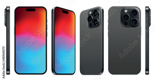 new frameless smartphone grey color with colorful screen saver, front back and side view, isolated on white background. mockup of realistic mobile phone with shadow. vector 3d isometric illustration