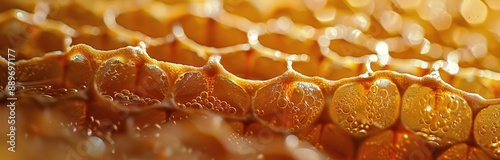 Close Up of Honeycomb With Golden Honey in the Cells
