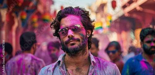 Man Covered In Pink Holi Powder Smiles In Busy Indian Street