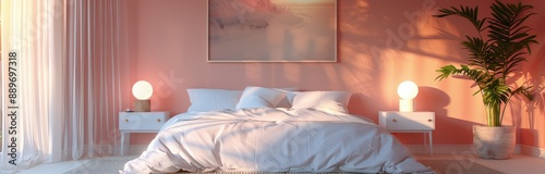 A White Bed With Pillows In A Room With Pink Walls And Natural Light