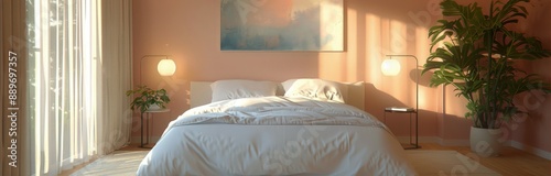 A White Bed With Pillows In A Room With Pink Walls And Natural Light