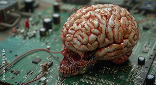 Human Brain Model Wired to Circuit Board
