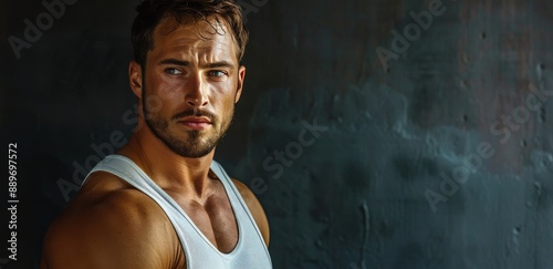 Close Up Portrait of a Handsome Man With Wavy Blonde Hair in a White Tank Top