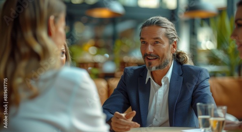 Man With Long Hair Smiles While Talking to Two People in a Cafe