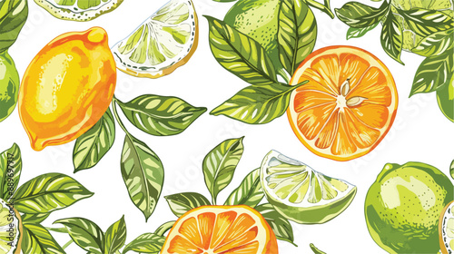 Citrus sketch pattern. Natural lemon orange leaves 